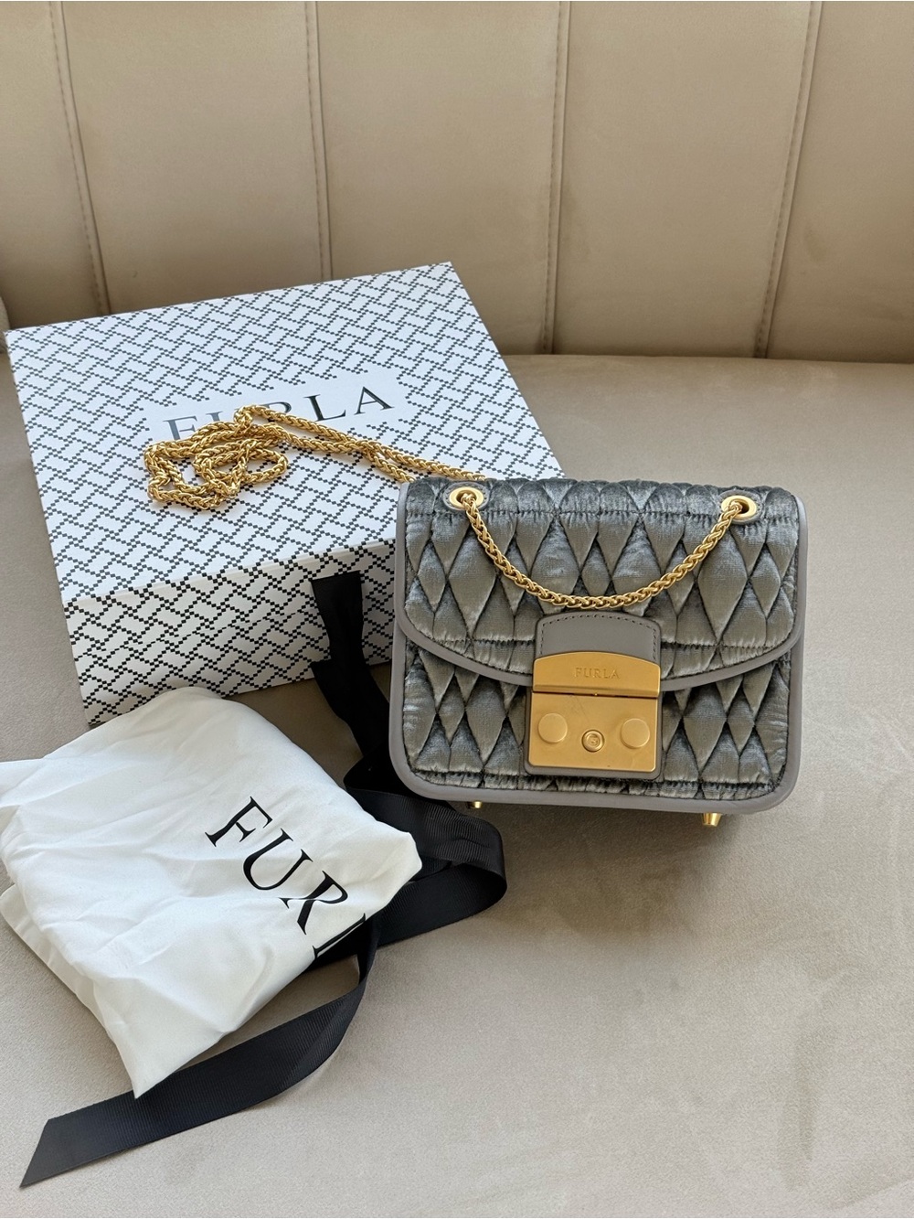 Furla Quilted Gray Velvet Crossbody with Gold Hardware